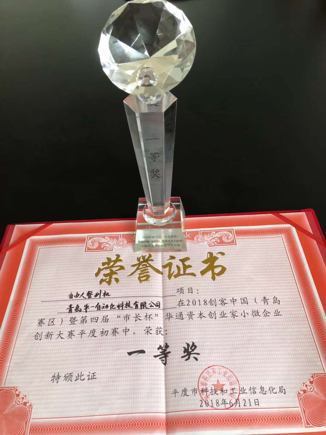 第四屆“市長杯”小微企業(yè)創(chuàng)新大賽平一科技榮獲一等獎